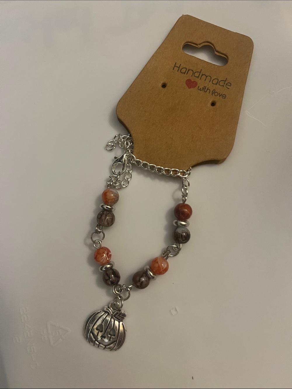 Handmade Orange & Brown Beaded Bracelet with Silver Pumpkin Charm Fall Gift 25